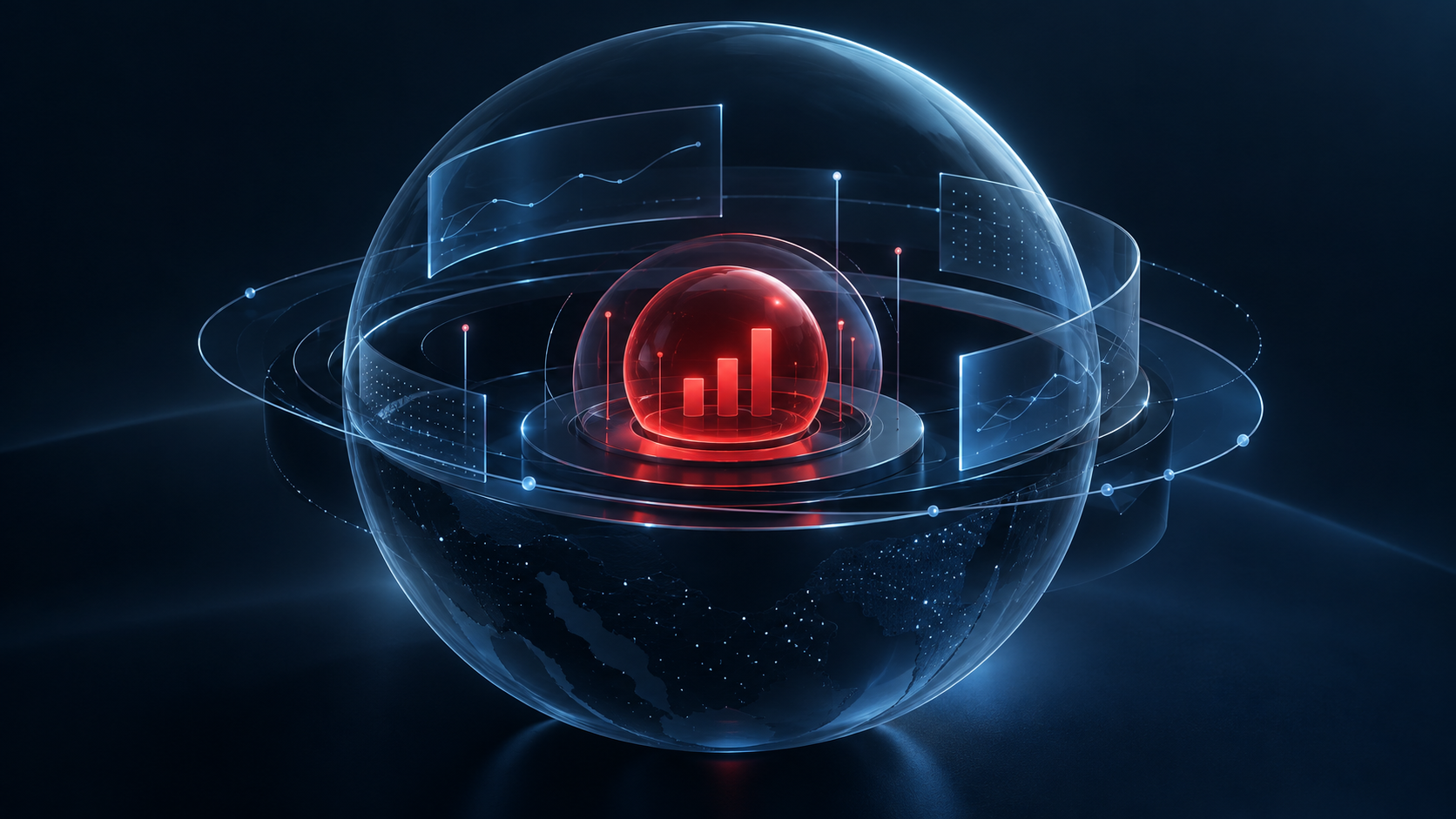 A red bar chart representing ad performance inside a larger blue sphere of business-wide marketing data.