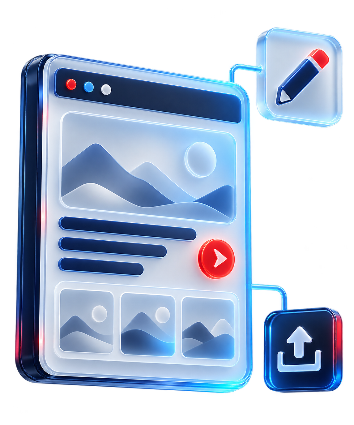 Illustration of editing images and text, then publishing them on a website